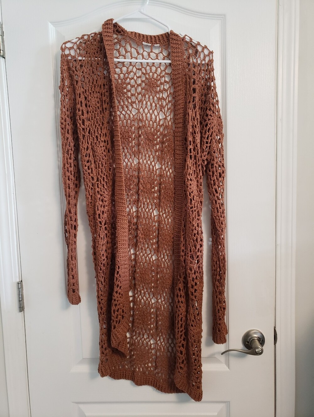 $5  W/Mini Purchase $25 Open-Front Crochet Long Cardigan Sweater - Brown